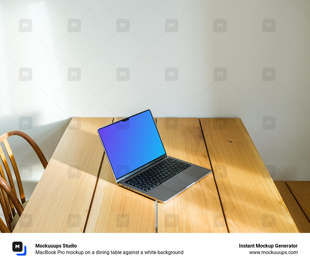 MacBook Pro mockup on a dining table against a white background