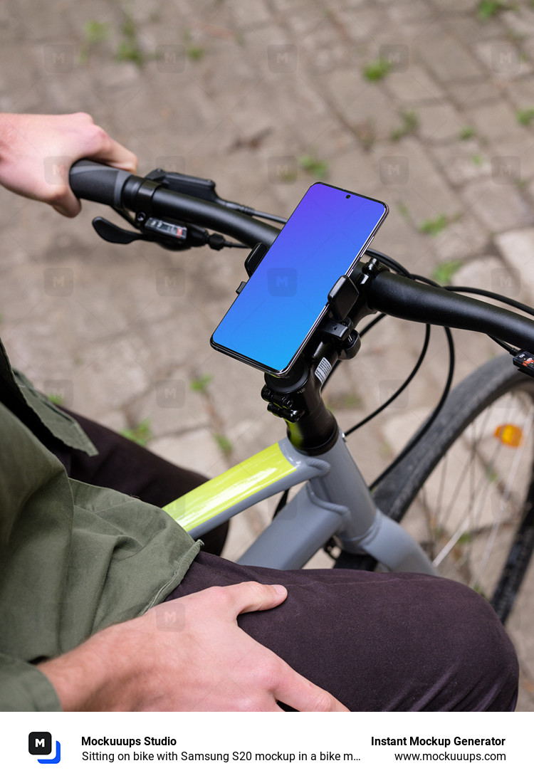 Assis sur un vélo avec un Samsung S20 mockup dans un support de vélo