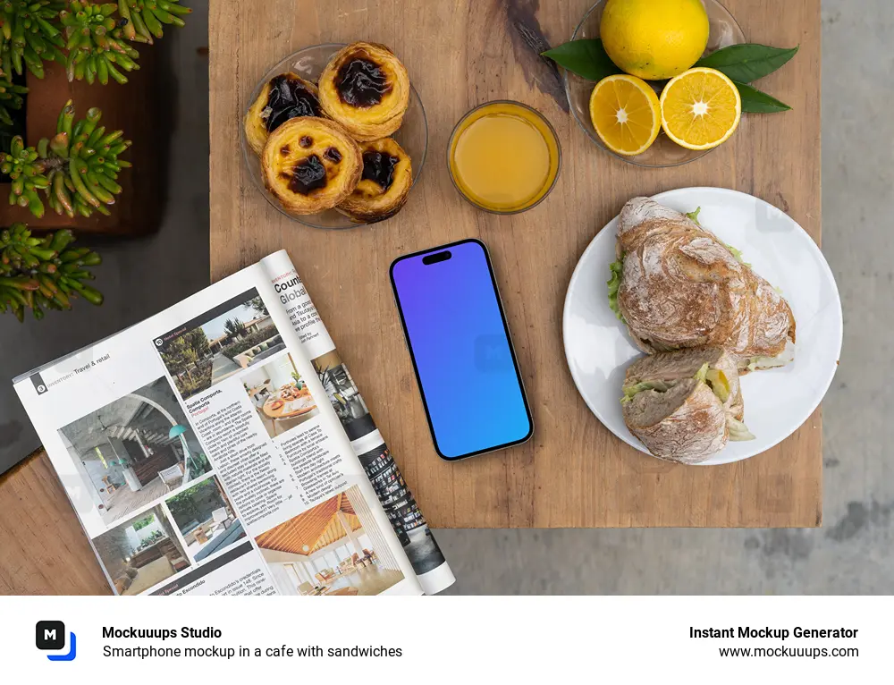 Smartphone mockup in a cafe with sandwiches