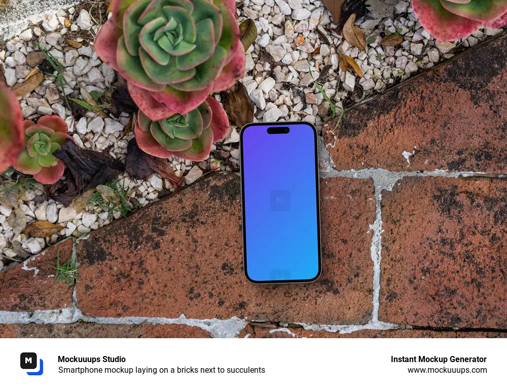 Smartphone mockup laying on a bricks next to succulents