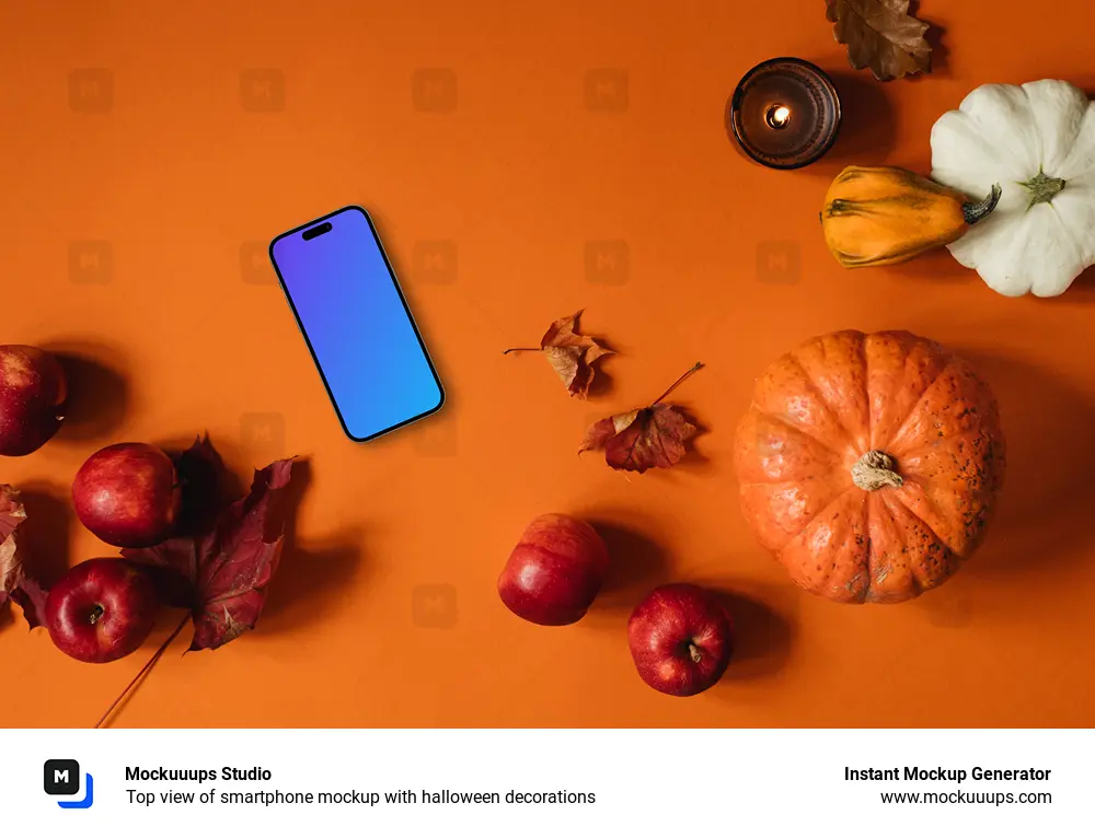 Top view of smartphone mockup with halloween decorations