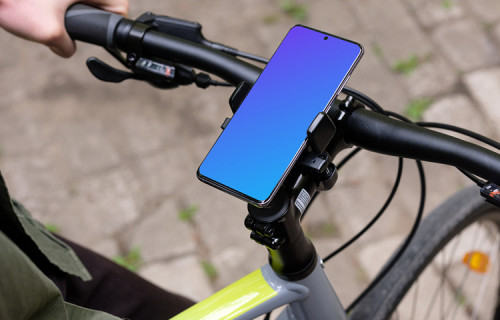 Assis sur un vélo avec un Samsung S20 mockup dans un support de vélo