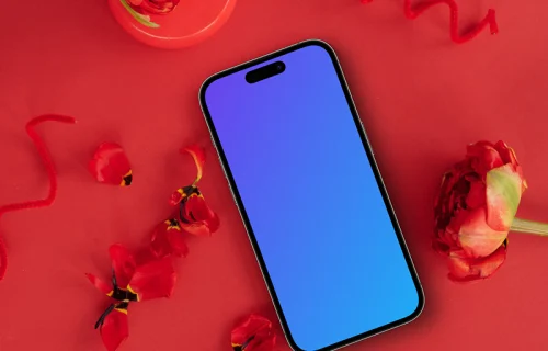 Smartphone mockup in a red scene with flowers