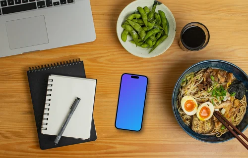 Smartphone mockup on table with japanese food