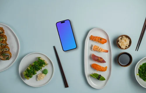 Smartphone mockup entouré de sushis
