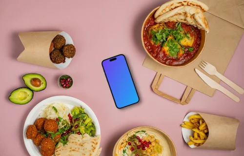 Smartphone mockup avec de la nourriture du Moyen-Orient