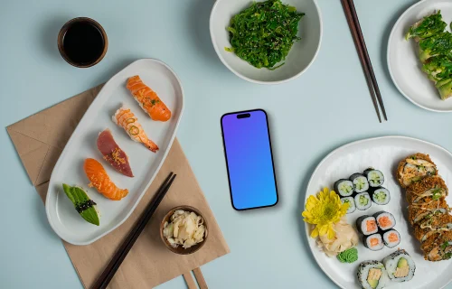 Sushi autour du smartphone mockup