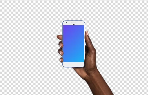 Femme tenant un Google Pixel vraiment bleu mockup (peau noire)