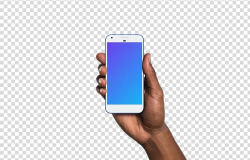 Homme tenant un Google Pixel vraiment bleu mockup (peau noire)