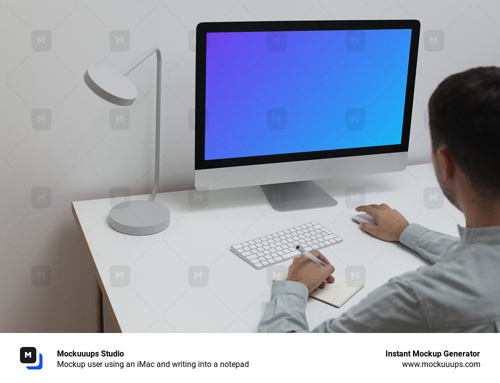 Mockup utilisateur utilisant un iMac et écrivant dans un bloc-notes