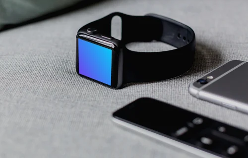 Apple Watch mockup placée sur un bureau blanc
